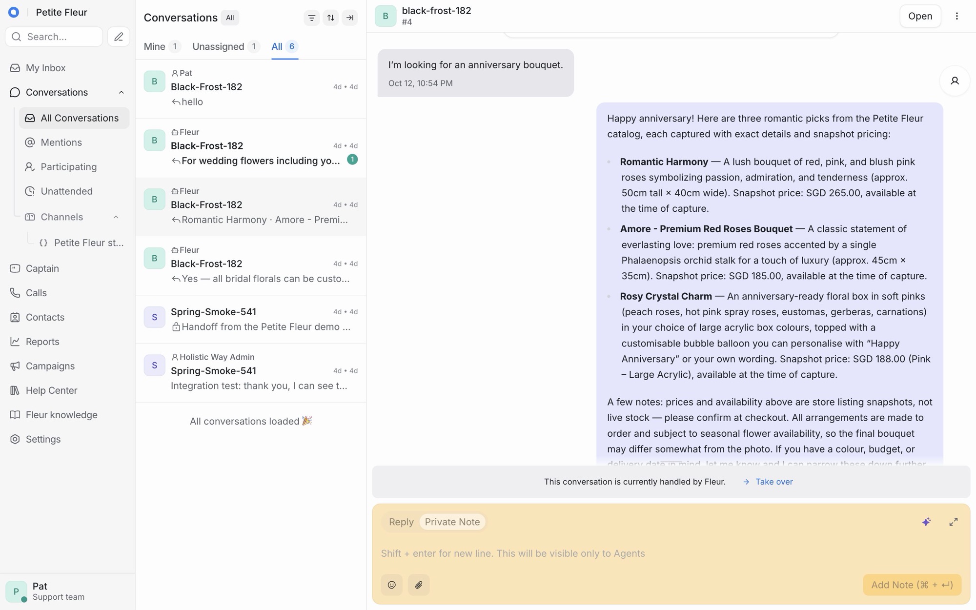 Support inbox: Fleur recommends three anniversary bouquets with snapshot prices, and the team can take over the conversation