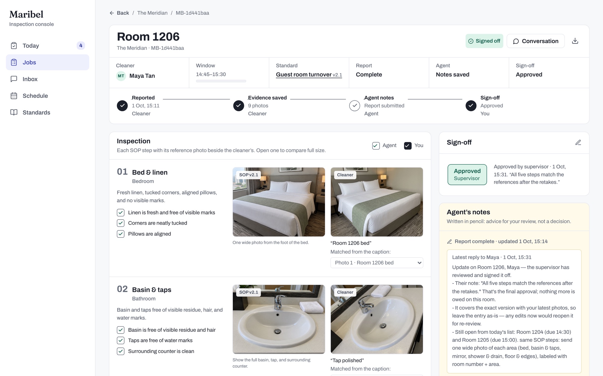 Inspection report comparing SOP reference photos with the cleaner’s photos